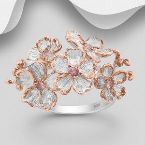 STERLING SILVER FLOWER RING WITH PINK SAPPHIRES & 22K PINK GOLD